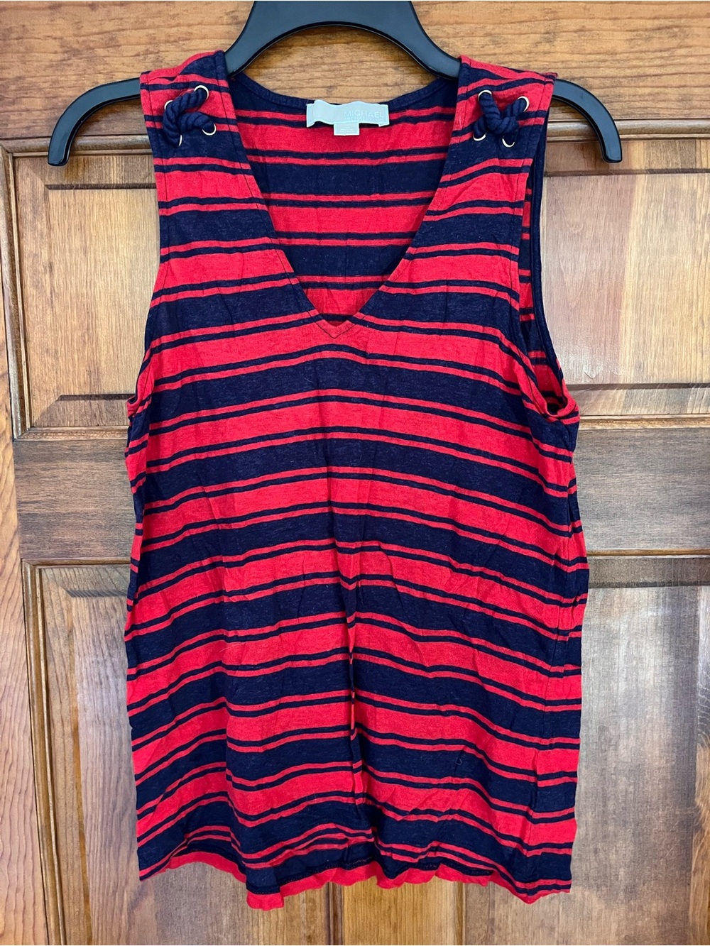 Michael Kors Red and Black Striped V-Neck Tank